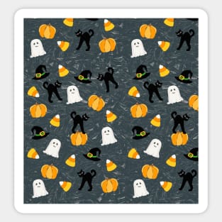 Cute Halloween Black Cat Pumpkin Ghost Witch Hat on Grey Crackle Sticker